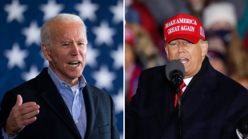 (À gauche) Joe Biden, candidat démocrate à la présidence américaine, s'exprime lors d'un rassemblement en drive-in à l'aéroport de Cleveland Burke Lakefront à Cleveland, Ohio, le 2 novembre 2020. (Drew Angerer/Getty Images). (À droite) Le président américain Donald Trump s'exprime lors d'un rassemblement au Grand Rapids, dans le Michigan, le 3 novembre 2020. (Kamil Krzaczynski/Getty Images)