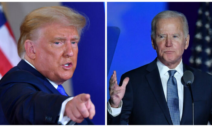 (À droite) Le président américain Donald Trump fait un geste après s'être exprimé pendant la soirée électorale dans la salle Est de la Maison-Blanche à Washington, tôt le 4 novembre 2020. (Mandel Ngan/AFP via Getty Images) (À gauche) Le candidat démocrate à la présidence américaine Joe Biden s'exprime pendant la soirée électorale au Chase Center à Wilmington, au Delaware, tôt le 4 novembre 2020. (Angela Weiss/AFP via Getty Images)