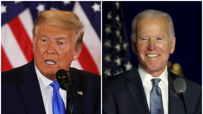 Le président américain Donald Trump (à gauche) s'exprime le soir de l'élection dans la salle Est de la Maison-Blanche à Washington, le 4 novembre 2020. (Chip Somodevilla/Getty Images) ; le candidat démocrate à la présidence des États-Unis Joe Biden (à droite) s'exprime lors d'un drive-in électoral à Wilmington, dans le Delaware, le 4 novembre 2020. (Win McNamee/Getty Images)