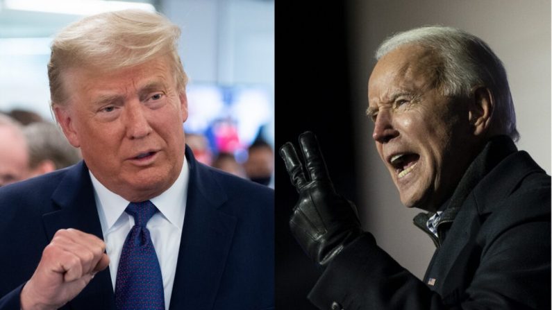 Le président Donald Trump (à gauche) s'exprime alors qu'il visite son quartier général de campagne à Arlington, en Virginie, le 3 novembre 2020. (Saul Loeb/AFP via Getty Images) ; (à droite) Joe Biden, candidat démocrate à la présidence, s'exprime lors d'un rallye de campagne organisé à Heinz Field à Pittsburgh, Pennsylvanie, le 2 novembre 2020. (Drew Angerer/Getty Images) 