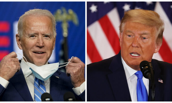 (G) Le candidat démocrate à la présidence américaine Joe Biden s'exprime le lendemain du vote des Américains à l'élection présidentielle, à Wilmington, Delaware, le 4 novembre 2020. (Drew Angerer/Getty Images) Le président Donald Trump (D) s'exprime le soir de l'élection dans la salle Est de la Maison-Blanche à Washington, aux petites heures du matin du 4 novembre 2020. (Chip Somodevilla/Getty Images)