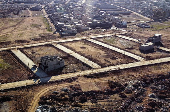 -Une image de drone montre le complexe de logements de Zayouna en construction pour être mis en vente dans la banlieue à la périphérie sud de la ville de Mossoul, au nord de l'Irak, le 18 janvier 2021. Photo par Zaid Al-Obeidi / AFP via Getty Images.