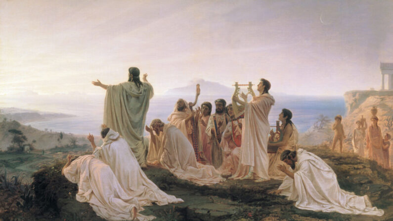 « L'hymne des pythagoriciens au soleil levant », 1869, par Fyodor Bronnikov. Huile ; 99.6 cm par 161 cm. Galerie Tretyakov, Moscou, Russie (Domaine public)