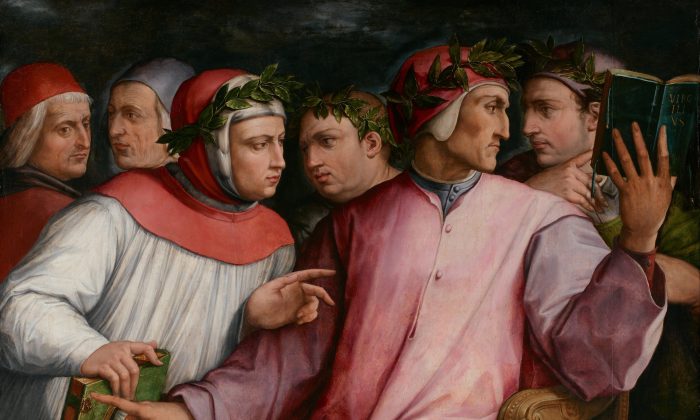 "Six poètes toscans", vers 1544, de Giorgio Vasari. De gauche à droite : Marsilio Ficino, Cristoforo Landino, Francesco Petrarca, Giovanni Boccaccio, Dante Alighieri et Guido Cavalcanti. Le Fonds William Hood Dunwoody. L'Institut d'art de Minneapolis. (Domaine public)
