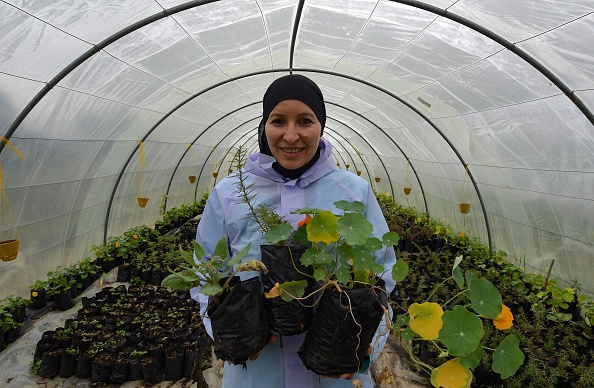 -Sonia Ibidhi, une journaliste de 42 ans tournée vers l'agriculture biologique, dans la serre de sa petite ferme où elle produit des fleurs comestibles, Tabarka, Tunisie le 28 janvier 2021. Photo Fethi Belaid / AFP via Getty Images.