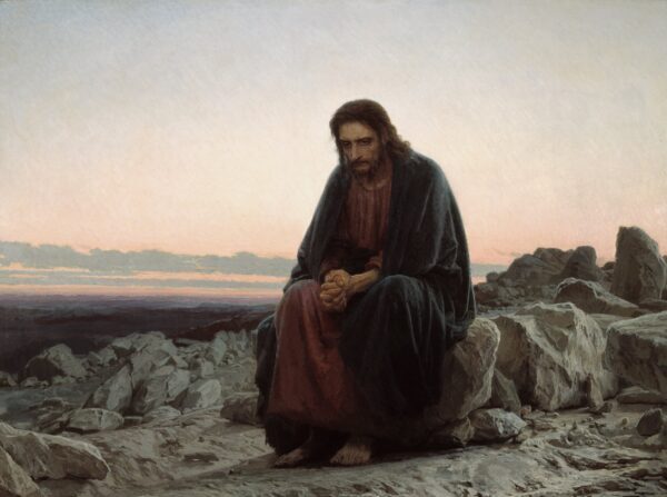 « Le Christ dans le désert », 1872, par Ivan Kramskoi. Huile sur toile, 180 × 210 cm conservée à la galerie Tretyakov, Moscou, Russie. (Domaine public)