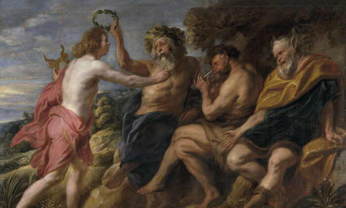 (De gauche à droite) Apollon est couronné par Tmolus lors d'un concours avec Pan, tandis que le roi Midas arbore de nouvelles oreilles pour le punir de son mauvais goût. « Apollon vainqueur de Pan », 1637, par Jacob Jordaens. Huile sur toile, 180 x 270 cm. Musée du Prado, Madrid. (Domaine public)