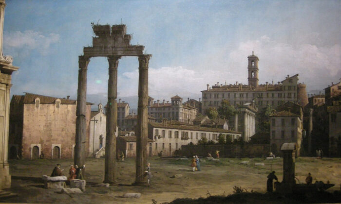 Divers historiens et hommes d'État ont attribué la chute de la République romaine au déclin de la croyance religieuse et à l'effritement de la moralité qui l'accompagnait. "Rome : Ruines du Forum, regardant vers le Capitole" par Canaletto, 1742. (Domaine public)