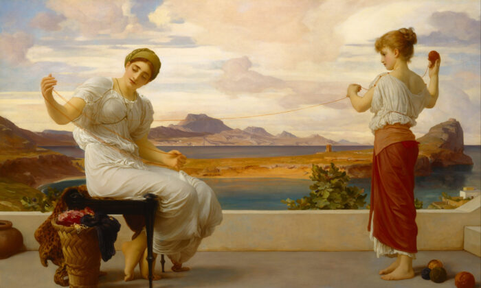 En enroulant l'écheveau, vers 1878, par Frederic Leighton. Huile sur toile, 100,3 x 161,3 cm. Galerie d'art de Nouvelle-Galles du Sud, Sydney, Australie. (Domaine public)