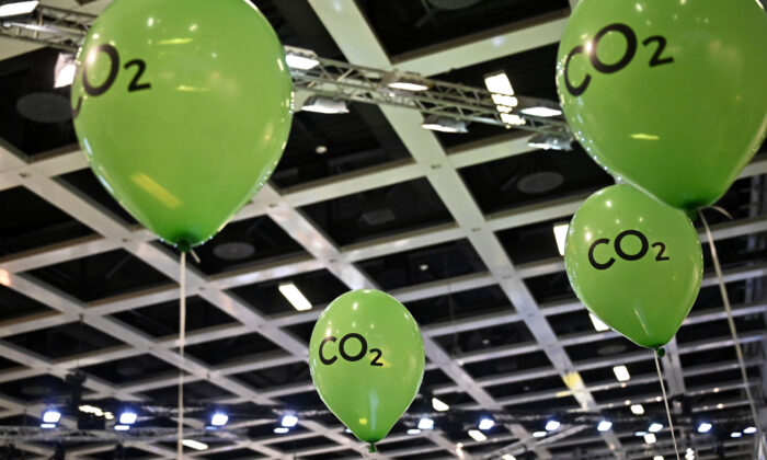 Des ballons verts portant l'inscription « CO2 » flottent dans un hall lors de la journée d'ouverture du salon international de l'agriculture Gruene Woche (Semaine verte) à Berlin, le 17 janvier 2020. (Tobias Schwarz/AFP via Getty Images)