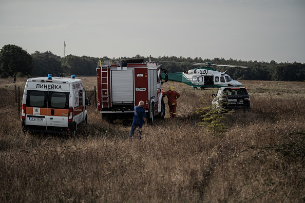 Un hélicoptère de la police des frontières bulgare à la frontière terrestre entre la Bulgarie et la Turquie, le 15 septembre 2021 à Rezovo, en Bulgarie.  (Photo : Hristo Rusev/Getty Images)