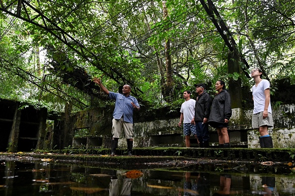 -Un garde forestier, s'entretient avec des touristes dans ce qui était la prison de l'île de Gorgona, dans l'océan Pacifique, au large du sud-ouest de la Colombie, le 2 décembre 2021. Photo de Luis ROBAYO / AFP via Getty Images.