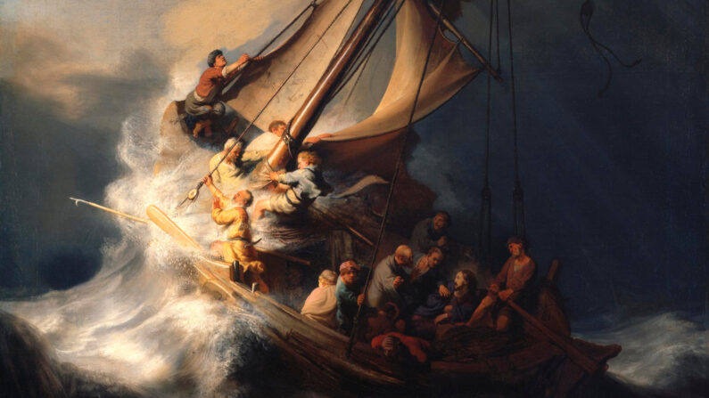 Détail, « Le Christ dans la tempête sur la mer de Galilée », 1633, par Rembrandt. Huile sur toile ; 160 x 128 cm. (Domaine public)