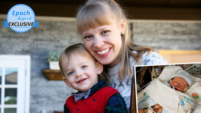 Abigail Ostrom avec son fils, Théodore, né avec une hernie diaphragmatique congénitale (HDC). L'encadré montre Théodore à l'USIN (Unité de Soins Intensifs Néonatale)
lorsqu'il était bébé. (avec l'aimable autorisation de Victor Obietikponah ; encadré : avec l'aimable autorisation d'Abigail Ostrom)
