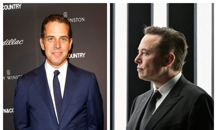 (A droite) Hunter Biden assiste  au Lincoln Center le 28 mai 2014 à New York. (Photo par Astrid Stawiarz/Getty Images pour Town & Country) A gauche, Elon Musk dans son usine en Allemagne mars 2022 (Photo by PATRICK PLEUL/POOL/AFP via Getty Images)