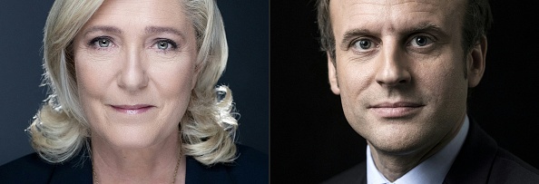 La candidate à la présidence du parti français Rassemblement national (RN), Marine Le Pen, et le président français et candidat du parti La République en Marche (LREM) (JOEL SAGET,ERIC FEFERBERG/AFP via Getty Images)