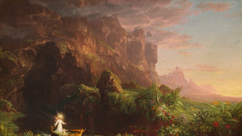 « Le voyage de la vie : l’enfance », 1842, par Thomas Cole. Huile sur toile ; 134 cm par 195 cm. National Gallery of Art, Washington. (Domaine public)