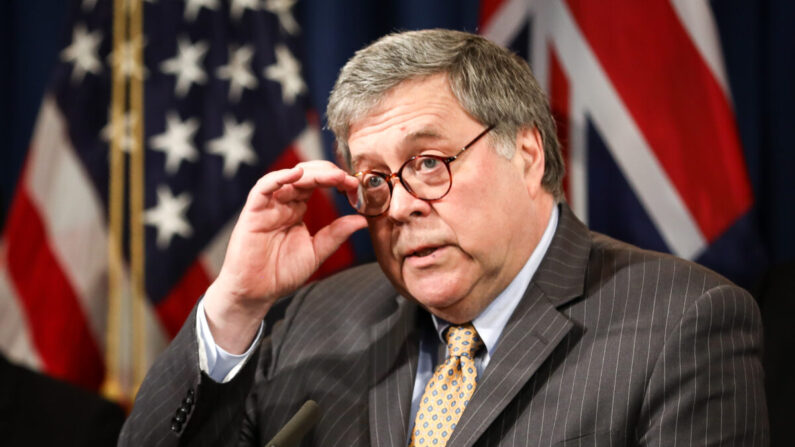 William Barr, alors procureur général, s'exprime au département de la Justice à Washington, le 5 mars 2020. (Samira Bouaou/Epoch Times)