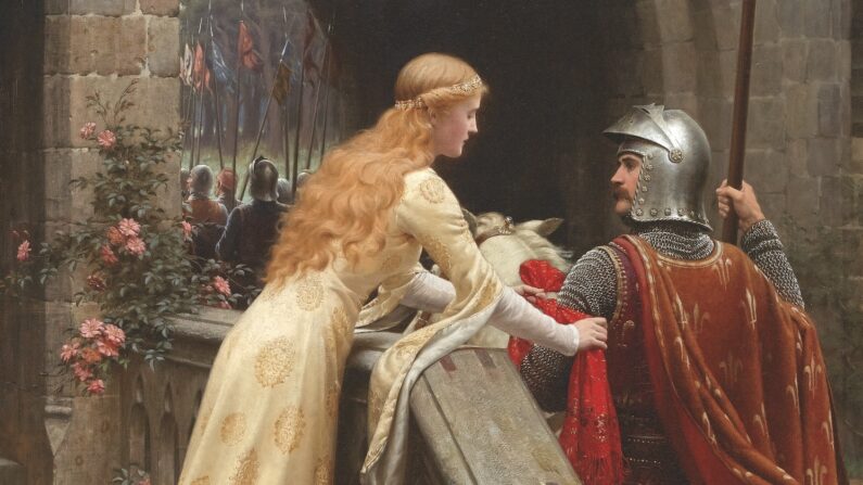 La courtoisie fait son apparition au XIIe siècle à la cour des seigneurs et s'organise autour des valeurs de la noblesse. Tableau: Dieu te protège (1900), Edmund Blair Leighton (Domaine Public)