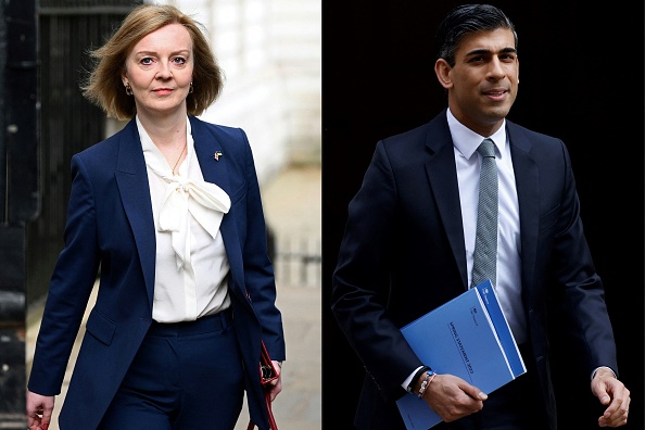 Montage réalisé le 12 juillet 2022 montre la cheffe de la diplomatie Liz Truss et  l'ex-ministre des Finances Rishi Sunak. Photo par Daniel LEAL et Tolga Akmen / AFP via Getty Images.