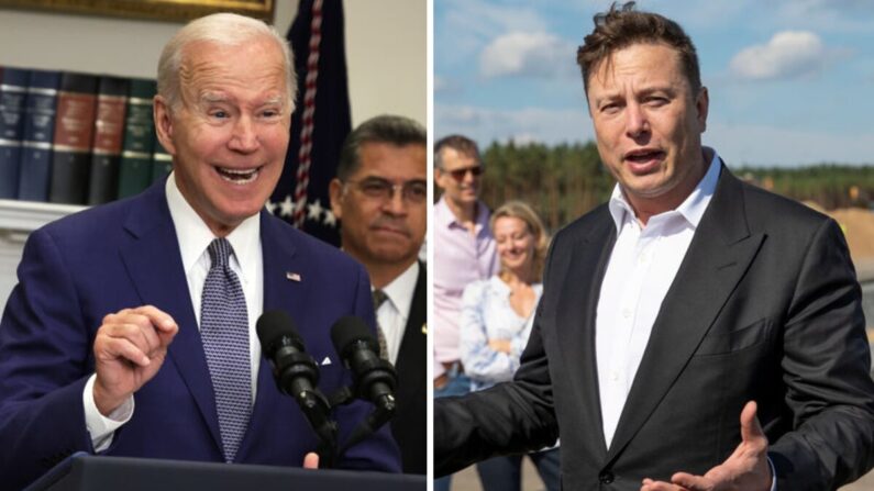 Joe Biden (à g.) à la Maison Blanche le 8 juillet 2022 ; Elon Musk (à dt.), devant la presse non loin de Berlin, le 3 septembre 2020. (Alex Wong/Getty Images ; Maja Hitij/Getty Images) 