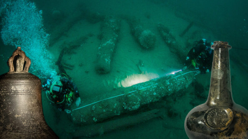 La cloche du navire (avec l'aimable autorisation de l'Université d'East Anglia) ; Lincoln et Julian Barnwell mesurent des canons ; Bouteille de vin avec l'écusson de la famille Washington (avec l'aimable autorisation du Norfolk Historic Shipwrecks)