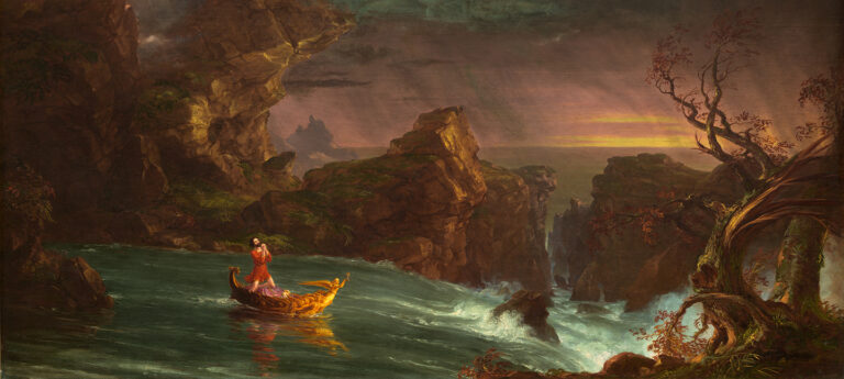 Au milieu de la vie, l'homme prie pour survivre aux turbulences de la vie, dans un détail de "Le Voyage de la vie : âge adulte" 1842, par Thomas Cole. Huile sur toile. National Gallery of Art, Washington, D.C. (Public Domain)