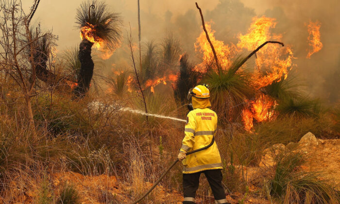 Pompiers face à un feu de brousse approchant des résidences de Copley Road, quartier Upper Swan à Perth, en Australie, le 2 février 2021. (Paul Kane/Getty Images)