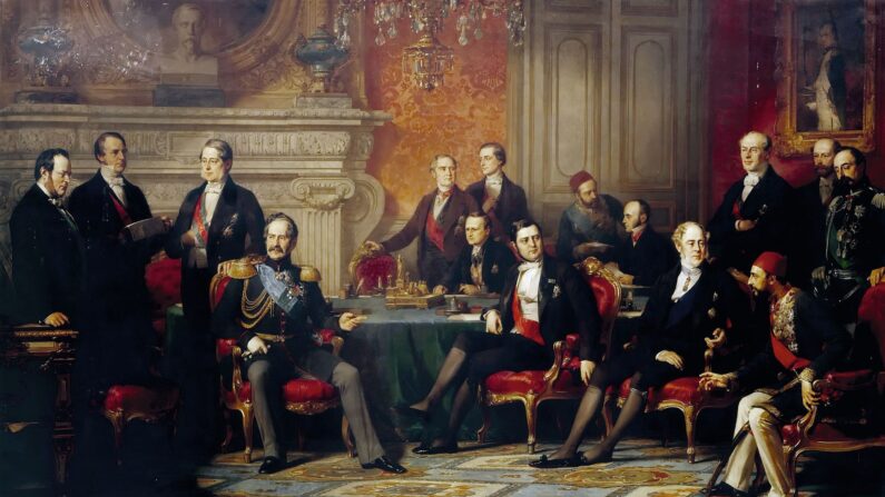 « Le Congrès de Paris, du 25 février au 30 mars 1856 ». Les personnages représentés sont des représentants plénipotentiaires des pays impliqués dans la guerre de Crimée. (Photo de Édouard Louis Dubufe. Collections du château de Versailles, Domaine public)