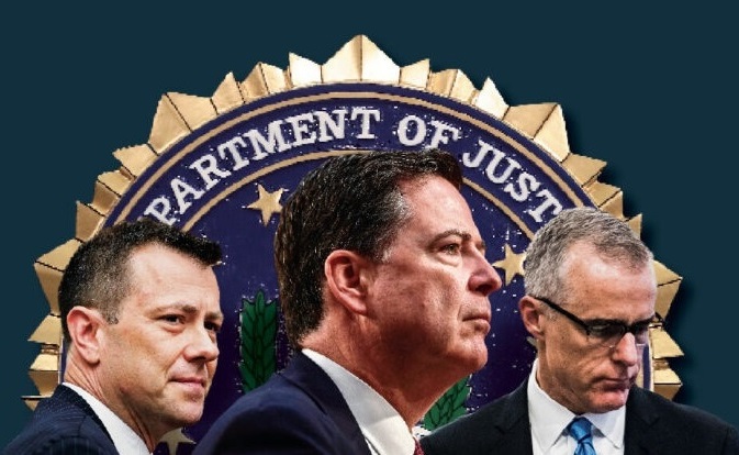 (De g. à dt.) Peter Strzok, ancien agent du FBI, James Comey, ancien directeur du FBI, et Andrew McCabe, ancien directeur adjoint du FBI. (Getty Images/Illustration par Epoch Times)