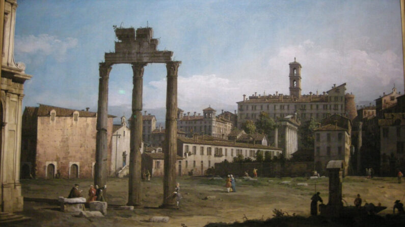 Divers historiens et hommes d'État ont attribué la chute de la République romaine au déclin des croyances religieuses et à la déchéance de la moralité qui l'accompagnait. "Rome : les ruines du Forum en regardant vers le Capitole" par Canaletto, 1742. (Domaine public)