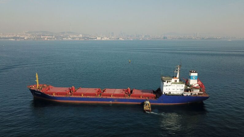 Un cargo chargé de céréales est inspecté dans la zone d'ancrage de l'entrée sud du Bosphore à Istanbul, le 31 octobre 2022. (Photo: OZAN KOSE/AFP via Getty Images)