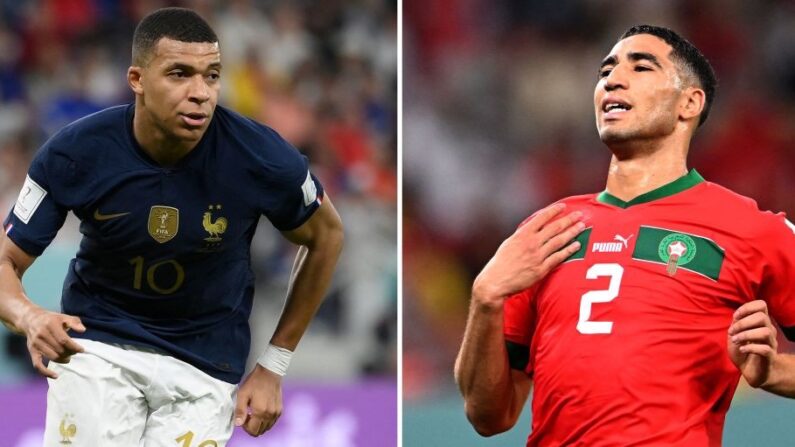 Cette photo combinée réalisée le 12 décembre 2022 montre l'attaquant français Kylian Mbappe et le défenseur marocain Achraf Hakimi à Doha le 6 décembre 2022 pendant la Coupe du monde de football Qatar 2022. (Crédit photo KIRILL KUDRYAVTSEV,FRANCK FIFE/AFP via Getty Images)