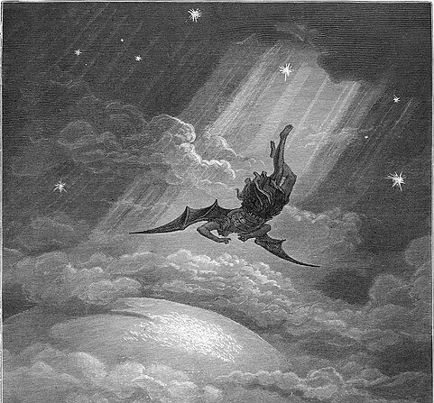 Détail de "Towards the coast of Earth beneath,/Down from the ecliptic, sped with hoped success, / Throws his steep flight in many an aery wheel," (III. 739-741), extrait du "Paradis perdu" écrit par John Milton en 1866, illustré par Gustave Doré. Gravure. (Domaine public).