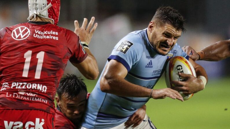 Le numéro huit de Perpignan, Alan Brazo, lors du match de Top 14 français de rugby union entre Perpignan et Toulon au stade Aime Giral de Perpignan, le 25 septembre 2021. (Photo : RAYMOND ROIG/AFP via Getty Images)