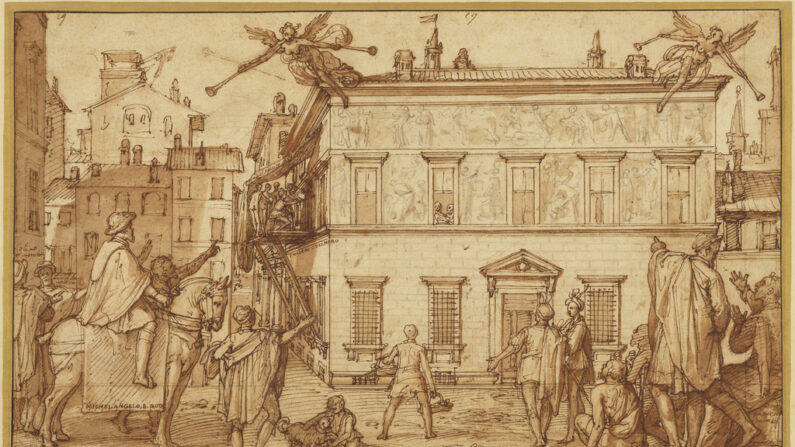 "Taddeo décorant la façade du palais Mattei ", vers 1595, par Federico Zuccaro. Plume et encre brune, pinceau avec lavis brun sur craie noire et quelques touches de craie rouge ; 25 cm par 43 cm. Musée Getty. (Musée Getty)