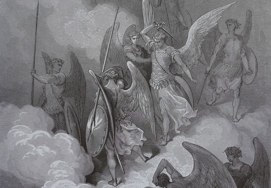 "Ce noble coup tomba sur la crête orgueilleuse de Satan", (VI. 128), extrait de "Paradis perdu" écrit par John Milton en 1866, illustré par Gustave Doré. Gravure. (Domaine public)