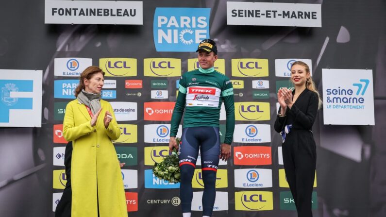 Le coureur danois Mats Pedersen lundi à l'arrivée à Fontainebleau. (Photo DAVID PINTENS/BELGA MAG/AFP via Getty Images)