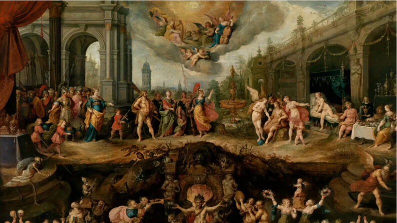 Détail de "L'éternel dilemme de l'humanité – Le choix entre la vertu et le vice", 1633, par Frans Francken le Jeune. Huile sur panneau. Musée des beaux-arts de Boston. (Domaine public)