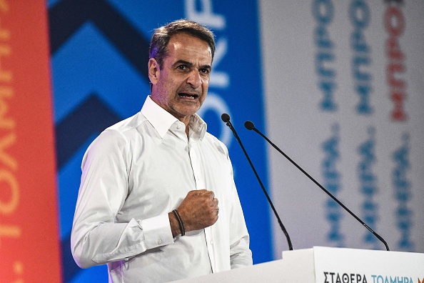 Le Premier ministre grec Kyriakos Mitsotakis lors de son principal meeting de campagne à Thessalonique, le 18 mai 2023. (SAKIS MITROLIDIS/AFP via Getty Images)