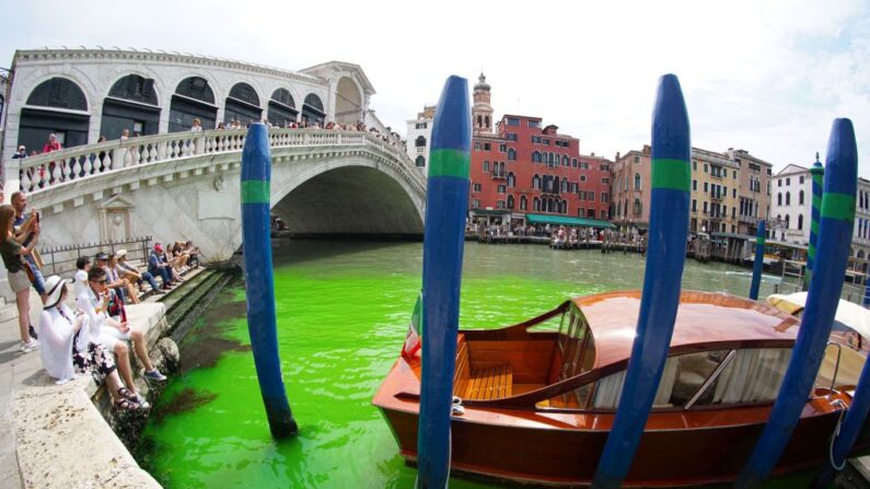 Une photo prise et mise à disposition le 28 mai 2023 par l'agence de presse italienne Ansa montre des eaux vertes fluorescentes sous le pont du Rialto, sur le Grand Canal de Venise. (STRINGER/ANSA/AFP via Getty Images)