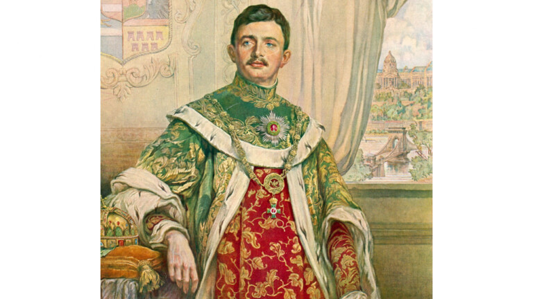 Dès le début de son règne, Charles, presque seul parmi les dirigeants européens de l'époque, souhaite la paix. Charles IV intronisé dans l'Ordre de Saint-Étienne en janvier 1916, par Arpad Pasch. (Domaine public)