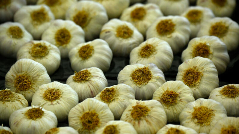 Présentation d'ail sur le stand de La Veguilla lors de la journée d'ouverture de la foire Fruit Logistica à Berlin, Allemagne, le 5 avril 2022. (Tobias Schwarz/AFP via Getty Images)