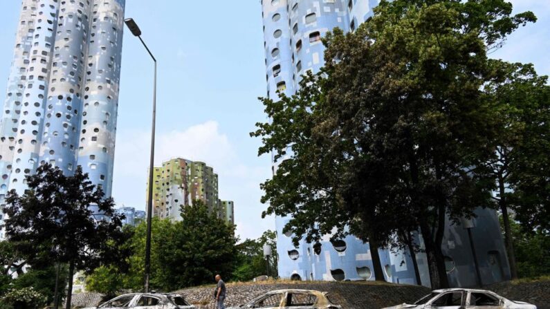 Les tours du quartier Pablo Picasso à Nanterre, au lendemain d'une nuit de violences suite à la mort de Nahel, le 28 juin 2023. (Photo BERTRAND GUAY/AFP via Getty Images)