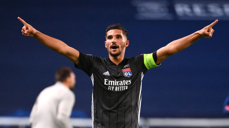 Houssem Aouar de l'Olympique lyonnais célèbre la victoire de son équipe lors du quart de finale de l'UEFA Champions League. (Photo Franck Fife/Pool via Getty Images)