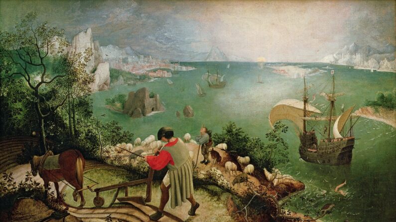 La chute d'Icare, vers 1555 (huile sur toile) de Pieter Bruegel l'Ancien (vers 1525-69) ; 73,5 x 112 cm ; Musees Royaux des Beaux-Arts de Belgique, Bruxelles, Belgique. Icare est vu, les jambes en l’air se débattant dans la mer ; Giraudon ; flamand (Domaine public)