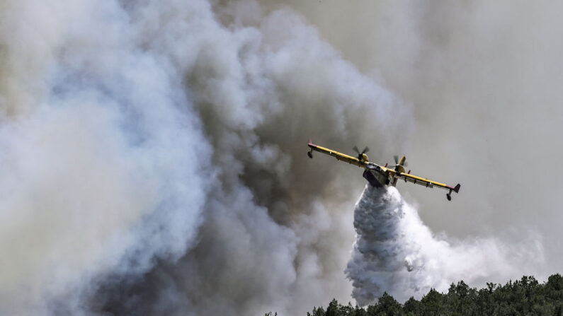 Un avion Canadair de lutte contre les incendies au nord-ouest d'Athènes, le 19 juillet 2023. (Photo: SPYROS BAKALIS/AFP via Getty Images)