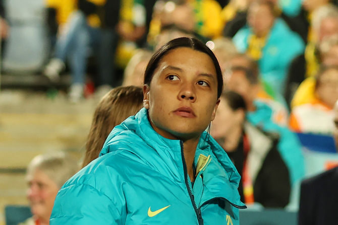 La joueuse australienne Sam Kerr, star de l’équipe, le 20 juillet 2023 à Sydney, Australie. (Photo Cameron Spencer/Getty Images)