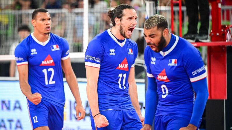 (de g à d) Stephen Boyer, Antoine Brizard et Earvin Ngapeth, le 5 septembre 2022. (Photo : JURE MAKOVEC/AFP via Getty Images)