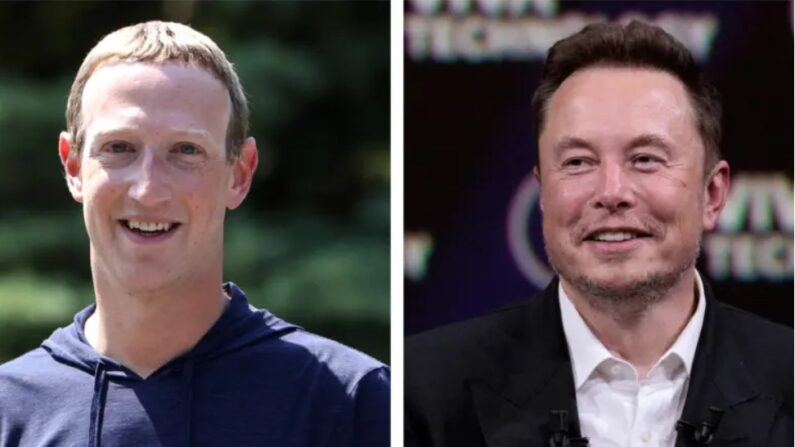 (À gauche) Mark Zuckerberg, PDG de Facebook, lors de la conférence Allen & Company Sun Valley à Sun Valley, Idaho, le 8 juillet 2021. (À droite) Elon Musk, PDG de SpaceX et du constructeur de voitures électriques Tesla, s'exprime lors d'un événement au salon Vivatech des startups et de l'innovation technologique au parc des expositions de la Porte de Versailles, à Paris, le 16 juin 2023. (Kevin Dietsch, Joel Saget/Getty Images)

